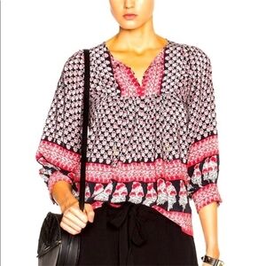 Ulla Johnson Blouse Bea Black/Red Indian Floral Print Silk Size 8 Tie-Neck Top